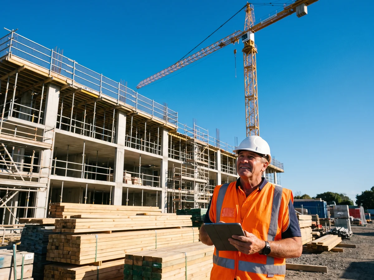 A site manager in hi-vis holding a tablet in front of a rising concrete and steel frame with a tower crane under a clear blue sky
