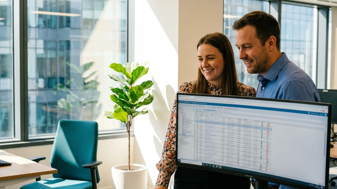 Two colleagues at a wide desk looking at one screen holding every property record